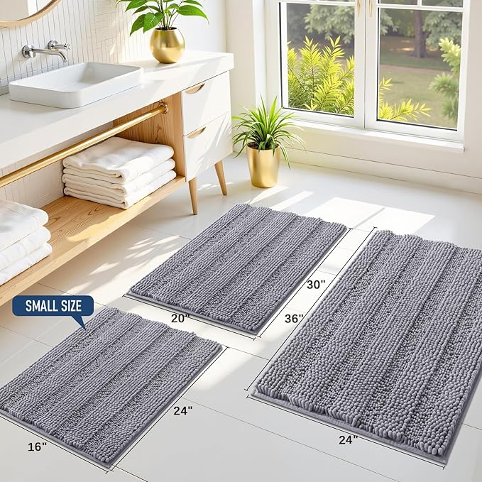 Grandaily Chenille Striped Bathroom Rugs 47x17, Extra Thick and Soft Absorbent Bath Mats, Rubber Backing, Plush Shaggy Shower Carpet, Machine Wash Dry, Bath Rug for Bathroom, Grey