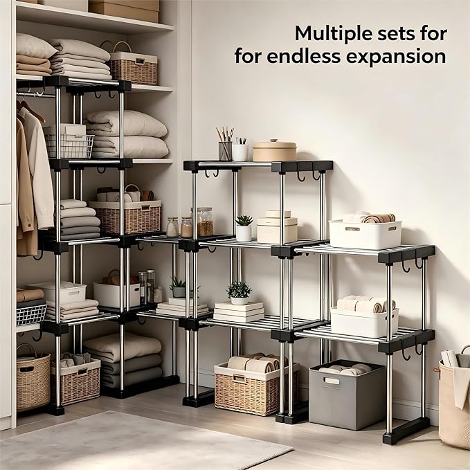 BLULEE Expandable Under Sink Organizer, 2-Tier Adjustable Storage Shelf with Hooks, Heavy-Duty Stainless Steel Cabinet Rack for Kitchen Pantry & Bathroom Vanity, Stackable Organization System