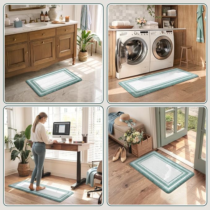KIMODE Anti Fatigue Kitchen Mats,Farmhouse Kitchen Rugs Non Slip Rubber Backing,Waterproof Kitchen Mat for Floor,Green Laundry Room Rug,Cushioned Standing Desk Mat for Kitchen Decor,Bathroom Sink