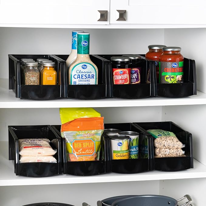 IRIS USA Medium Stackable Storage Bins, 8-Pack, 11" L x 6" W x 5" H, |Made in USA|, Plastic Open Front Shelf Bin for Organizing Parts, Hardware, Tools, Supplies, Garage Shelf, Pantry - Black