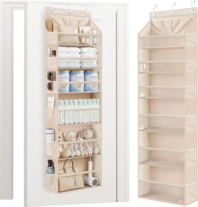 STORAGE MANIAC Over the Door Organizer 6-Shelf Closet Hanging Storage with 14 Mesh Pockets, 66lbs Capacity Clear Deep Pockets Behind Door Storage for Nursery, Bathroom, Bedroom, 1 Pack Oat Beige