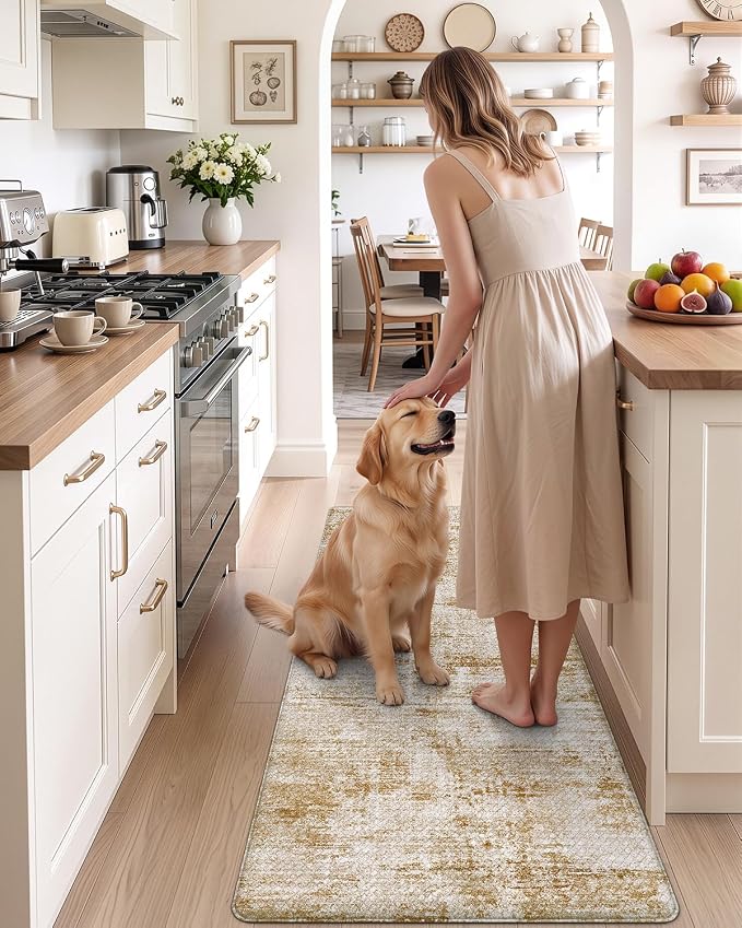 DEXI Kitchen Mats Cushioned Anti Fatigue, 23x59 Floor Padded Runner Rug Non Slip, Waterproof Standing Comfort Memory Foam for Front Sink Laundry, Light Brown
