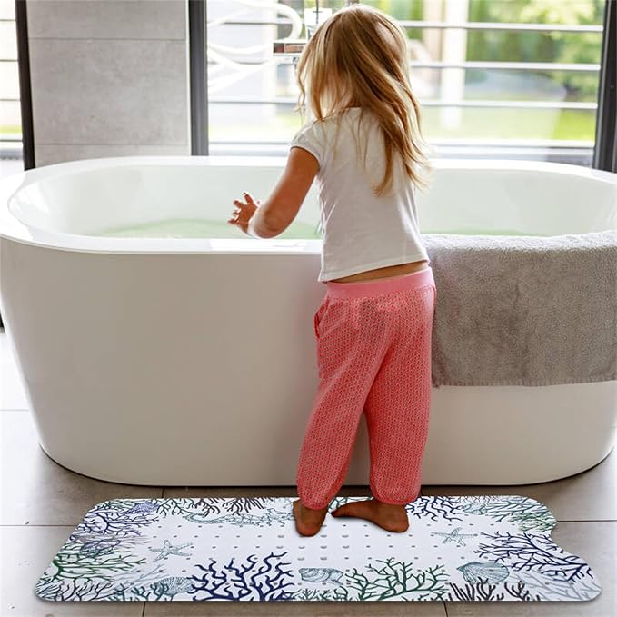 Bathtub Mat Non Slip 40x16 Inch Extra Long Bath Mat, Sea Animals Shower Mat Non Slip Bath Mat for Tub Anti Slip with Large Drain Holes and Suction Cups, Ocean Design Bathroom Mat for Bathroom Decor ﻿