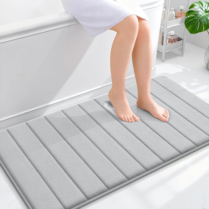OLANLY Memory Foam Bath Mat 44x24, Super Soft Absorbent Bathroom Rugs, Quick Dry, Machine Washable Shower Floor Rugs, Bathmat Carpet, Bathroom Home Decor Accessories, Light Gray