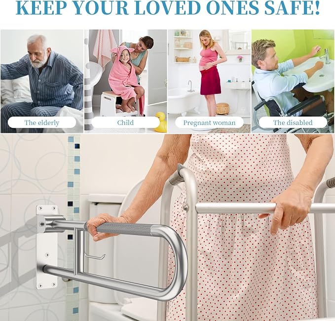 Toilet Grab Bar 30.3 Inch, Munzong Anti-Slip Handicap Grab Bars with Paper Holder, Flip-Up Bathroom Toilet Safety Rails, Stainless Steel Knurled Support handrails for Seniors Elderly Disabled Pregnant
