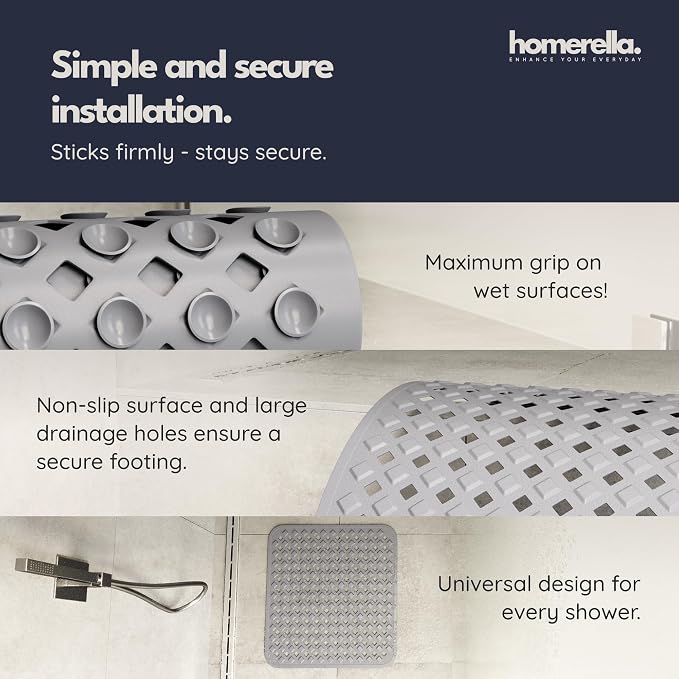 homerella® Shower Mat Non Slip Anti Mold, Non Slip Shower Mats for Inside Shower Stall Anti Slip Mat, Square Shower Floor Mat 21 x 21 in with Suction Cups & Hooks for Quick Drying, Machine Washable