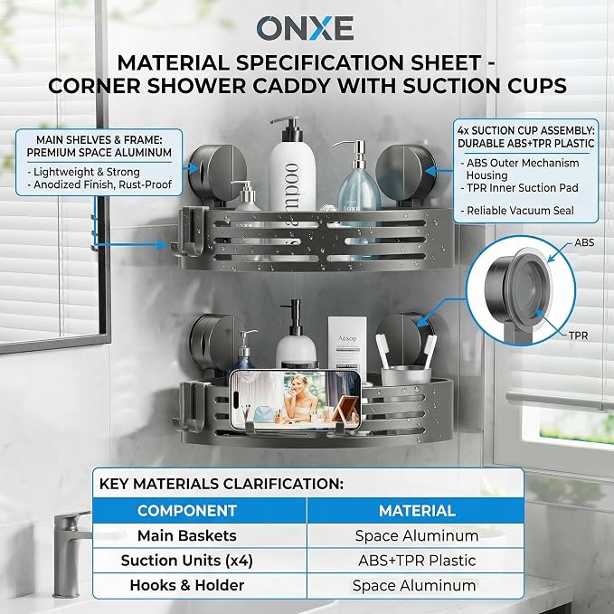 Suction Cup Shower Caddy,No Drilling Corner Shower Shelves Heavy Duty,Shower Organizer with Hooks,Rustproof Waterproof Space Aluminum Bathroom Storage,Home Accessories Decor