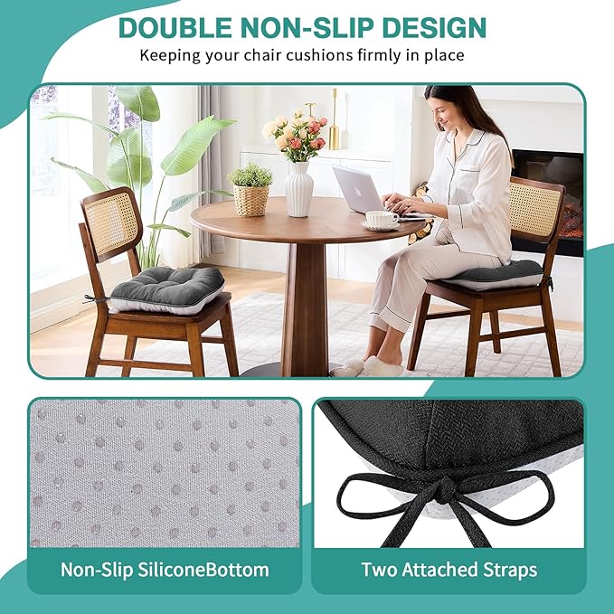 BETU Black Chair Cushions for Dining Chairs Set of 4,3.5" Thick Kitchen Table Chair Pads with Ties,Non Slip Backing and Covers,Seat Cushion for Dining Room,Bar,Patio Chairs,15.5"X15.5"X3.5",Black