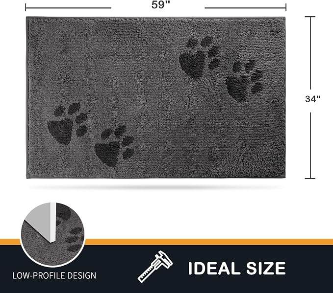 PURRUGS Dirt Trapping Door Mat 34" x 59", Non-Skid/Slip Machine Washable Microfiber Entrance Rug, Shoes Scraper, Dog Doormat, Super Absorbent Floor Mat for Muddy Wet Shoes and Paws, Grey