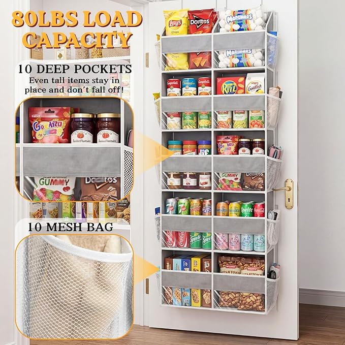 Over The Door Organizer, 5-Tier Extra Large Behind Door Storage with 10 Big Front & 10 Mesh Pockets, 80lb Capacity, Hanging Storage Organizer with Clear Window Kids Toys, Shoes, Diapers, Light Grey