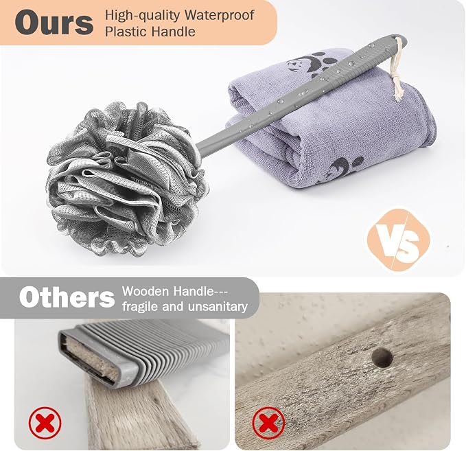 Non-Slip Back Scrubber with 17" Plastic Handle, Hand Shower Loofah & Loofah on a Stick Set, Deep Gray with White Edge