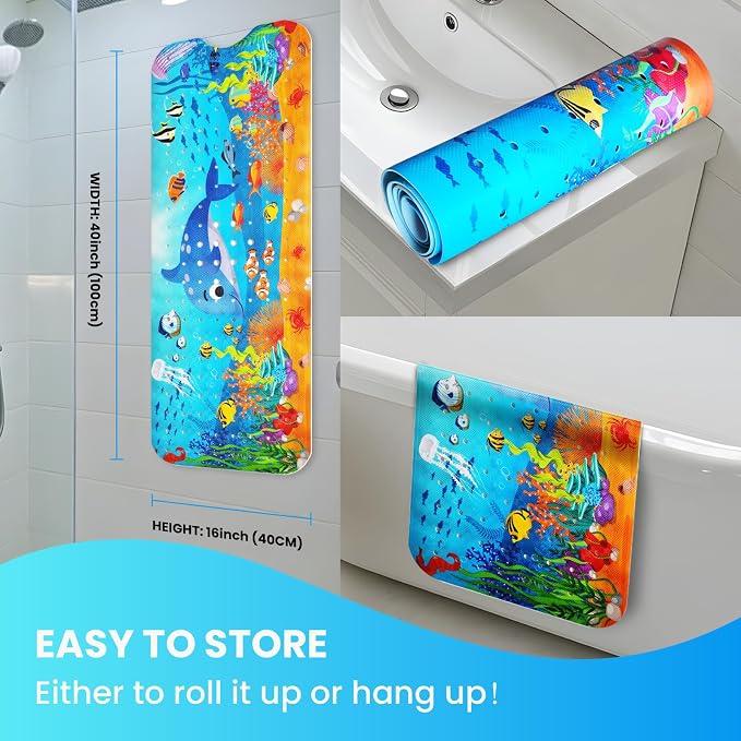 Baby Bath Tub Mat, 40 x 16 Inch Extra Large Non Slip Kids Cartoon Bathtub Shower Mats with Suction Cups & Drain Holes, Machine Washable for Bathroom, Undersea Dolphin