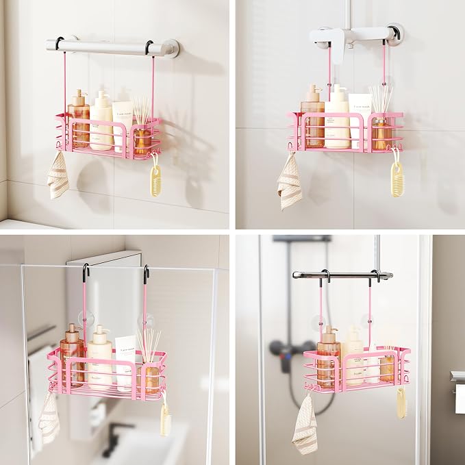 SWTYMIKI Shower Caddy Hanging Organizer - Over the Door Shower Caddy with 6 Hooks, 2 Installation Ways, Stainless Steel Rustproof Bathroom Organizer, Pink Small