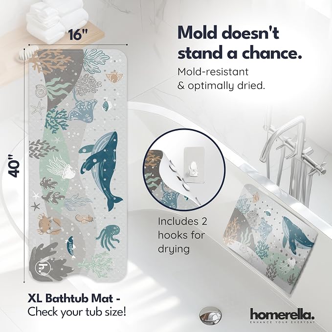 Bathtub Mat Non Slip Anti Mold for Kids 40x16 - homerella® Bath Mat for Tub, BPA Free, Incl. 2 Hooks, Washable Shower Mat Non Slip Anti Mold, Shower Mats for Inside Shower, EU Certified