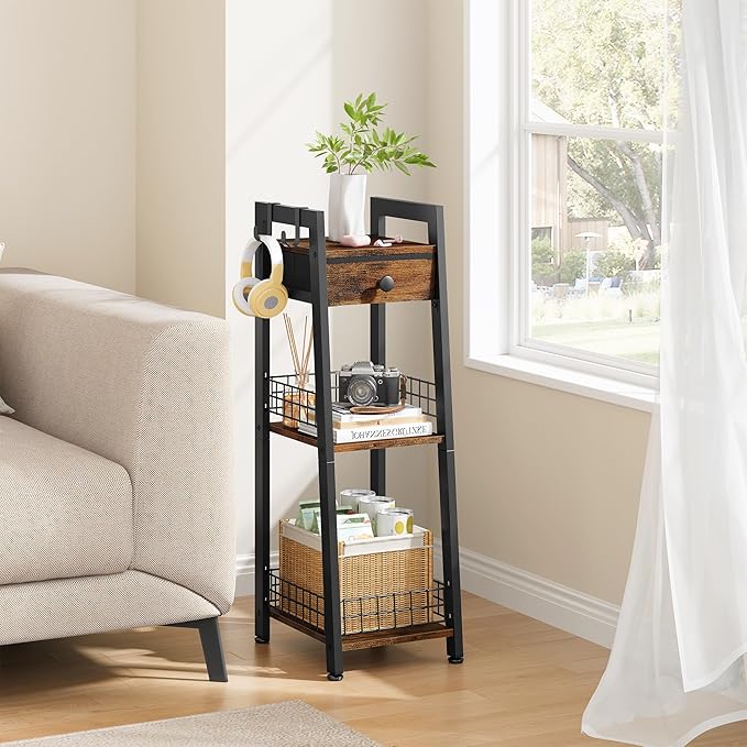 Gewudraw 3-Tier Narrow Ladder Shelf with Drawer, Bathroom Table Stand for Small Space, Narrow Bathroom Standing Shelves with Storage for Living Room Bedroom Kitchen, Organizer Shelf, Rustic Brown