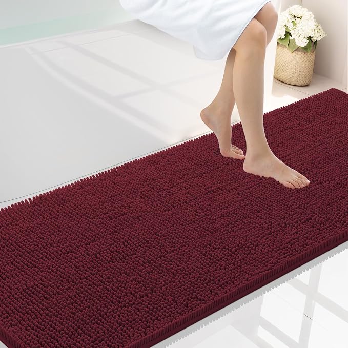 Smiry Luxury Chenille Bathroom Rugs 70x24, Extra Soft and Absorbent Shaggy Bath Mat, Machine Washable, Non-Slip Plush Carpet Runner for Tub, Shower, and Floor, Home Decor Accessories, Burgundy