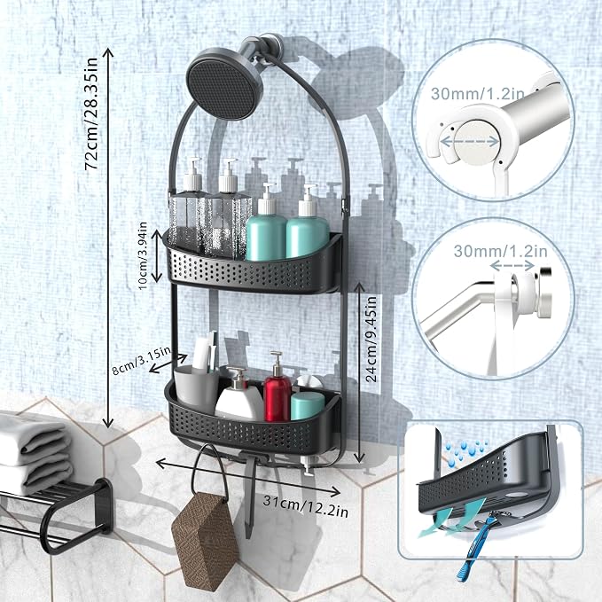 Shower Caddy Hanging, Anti-Swing Shower basket over showerhead with suction cups; Never rust Bathroom Organizer over the door, Multiple Hanging Modes Shelf with Hooks, Matte Grey