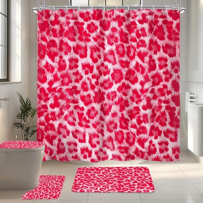 4 PCS Hot Pink Leopard Print Shower Curtain Set 72Wx72H,Toilet Lid Cover,Non-Slip Rugs and U-Shaped Mat,Wild Safari Cheetah Bathroom Sets with Rugs with 12 Hooks for Bathroom Decor