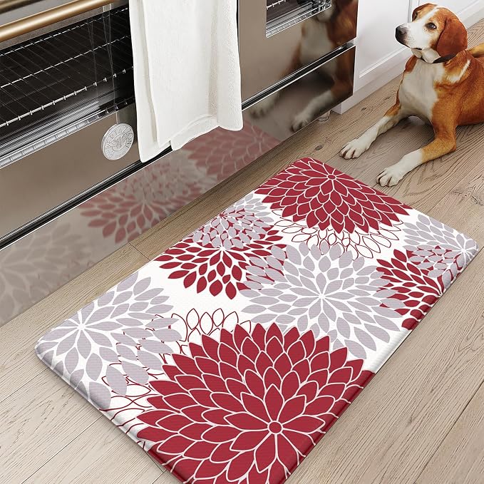 KIMODE Anti Fatigue Kitchen Mat 17.3"x29", Farmhouse Dahlia Padded Kitchen Floor Mats Non Slip, Waterproof Kitchen Mat for Floor, Comfort Standing for Laundry, Office, Sink, Desk Red and Grey