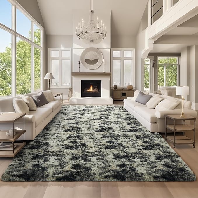 Ophanie 9x12 Black Gold and Grey Area Rugs for Living Room, Large Dark Black Gold Fluffy Shag Fuzzy Plush Soft Carpets, Floor Shaggy Rugs for Bedroom, Carpet for Boys Dorm Nursery Home Decor Aesthetic