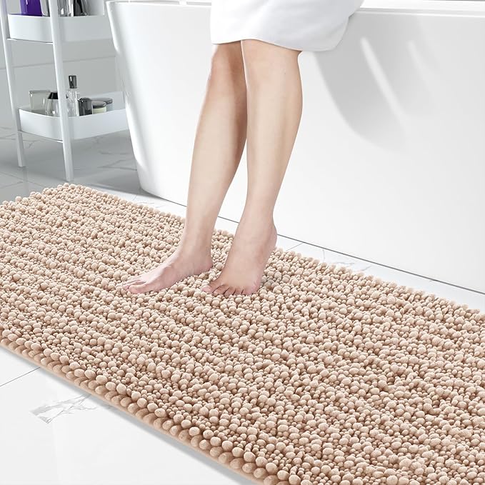 Yimobra Bathroom Runner Rug 70x24 Inch - Extra Long Non Slip Chenille Bath Mat, Soft & Absorbent, Machine Washable Shaggy Hallway Carpet for Vanity Tub Shower, Light Brown Home Decor Accessories