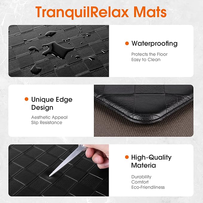 TranquilRelax 2-Piece Anti-Fatigue Kitchen Mats, Cushioned Non-Slip Waterproof Sink & Stove Floor Mats, Comfortable Standing Rug Set for Kitchen, Laundry & Entryway Black