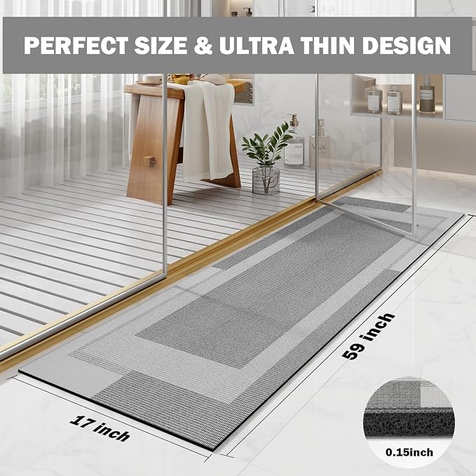 YDKGL Non Slip Long Bathroom Runner Rug Bath Mat, Rubber Backing Ultra Thin Bathroom Rugs Fit Under Door Quick Dry Super Absorbent Washable Shower Mat for Bathtub Sink Floor, Grey 17"x59"