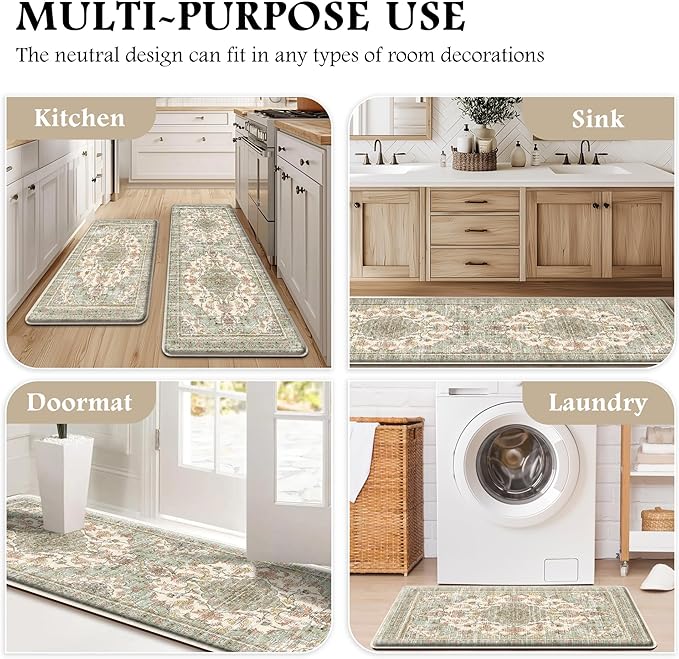 Boho Kitchen Mats for Floor 2 Piece Set Anti Fatigue Cushioned PVC Kitchen Rugs Non Slip Waterproof Farmhouse Mats 2/5 Inch Comfort Standing Mat for Laundry, 17.3"x47"+17.3"x28", Green Orange Beige