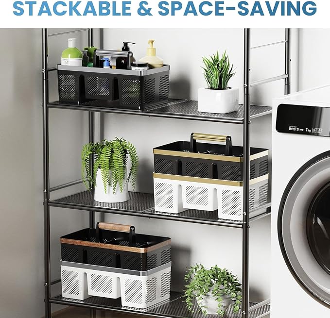 BYUNER Plastic Shower Caddy Dorm: Portable Cleaning & Shower Caddy with Handle, 4 Divided Compartments, All-Side Drainage, Rigid Plastic Basket Tote for College Dorm & Bathroom Use, Black/Silver