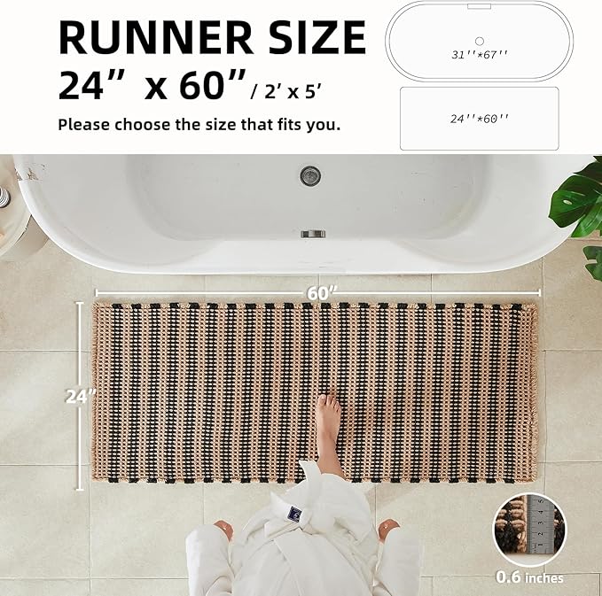 TYUU Waffle Runner Rug Bathroom, Long Boho Bathroom Rugs Non Slip Washable Super Absorbent Quick Dry Farmhouse Bath Decor, 60"x24" Black and Khaki