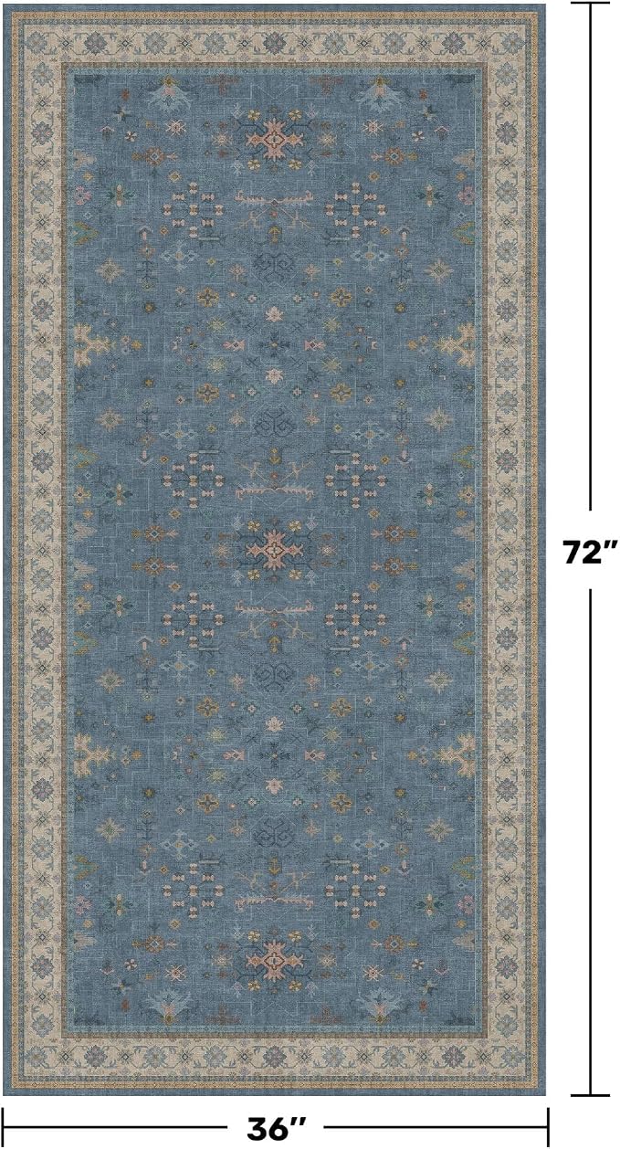 Washable 3x6 Throw Rug for Large Kitchen - Blue Rugs for Entryway Indoor, Bedroom Bedside, Mudroom, Boho Eclectic Modern Décor, Non Slip Low Pile Fade Resistant