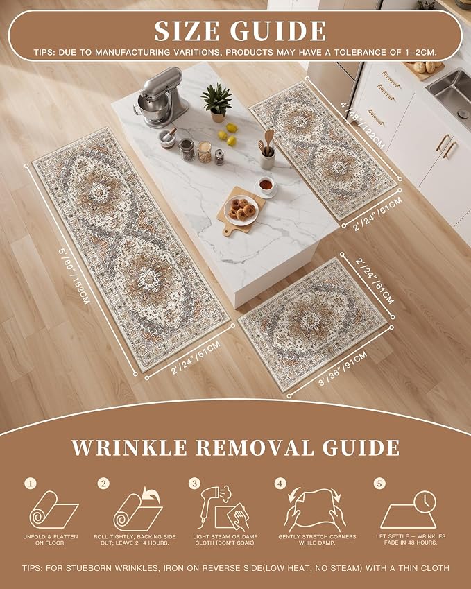 Madane 2-Piece Kitchen Runner Rug Set, Small Area Rug Non-Slip Vintage Door Mat Indoor Entrance, Low Pile Floor Carpet for Inside Front Door Bedroom Entryway Entry Laundry (2x3+2x4, Turmeric/Grey)