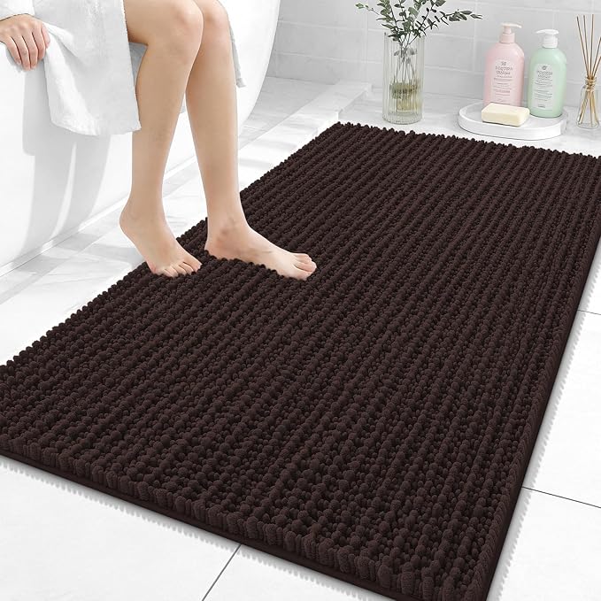 OLANLY Bathroom Rug Mat 44x32, Thick Soft and Absorbent Chenille Bath Mat, Non-Slip Rubber Backing, Machine Washable Quick Dry Bath Rugs for Tub Shower Floor, Home Decor Accessories, Brown