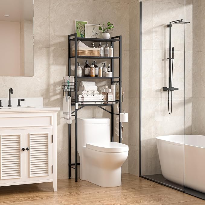 TETOTE Over-The-Toilet Storage Rack, 4-Tier Bathroom Organizer Shelf Over Toilet with Adjustable Shelf and Basket, Freestanding Space Saver Bathroom Shelves Above Toilet for Room(Black)