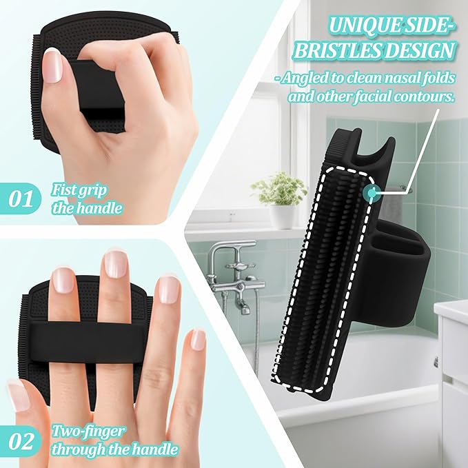 Silicone Back & Face Scrubber & Bath Glove Set 3PCS, 13.4'' Gentle Back Scrubber with Dual-Side Head, 360° Anti-Slip Bath Glove, Unique Side-bristled Face Scrubber for All-round Cleaning(Black)