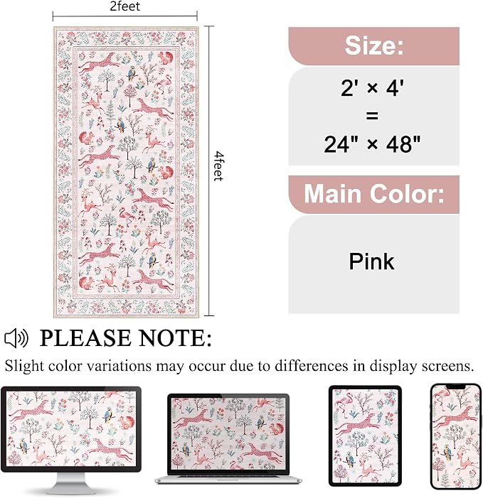 DUKINO 2x4 Rug for Hallway, Washable Kitchen Runner Rug with Non Slip Backing, Soft Low Pile Vintage Animal Runner for Bedroom, Kitchen, Hallway, Entryway, Laundry, Pink