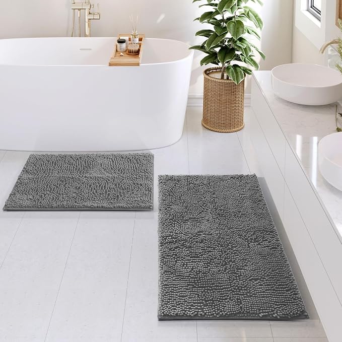 Hearth & Harbor Bathroom Rugs, Chenille Bath Mat - Machine Washable Bath Mats for Bathroom Non-Slip Backing Rubber, Quick Dry Bathroom Mat, 17 x 24 + 20 x 32 - Frost Grey