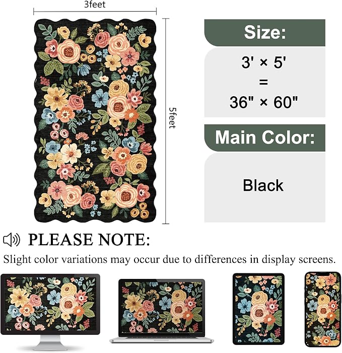 DUKINO 3x5 Area Rug, Floral Non-Slip Indoor Washable Rug with Low Pile & Non-Shedding, Lightwight Boho Design Carpet for Entryway, Bedroom, Kids Room, Living Room, Kitchen, Black