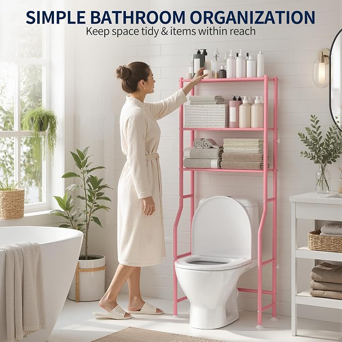 GloTika 3-Tier Over Toilet Storage Rack, Metal Over Toilet Bathroom Organizer Shelf, Freestanding Space Saver Storage Shelves for Bathroom/Laundry/Living Room (Pink)