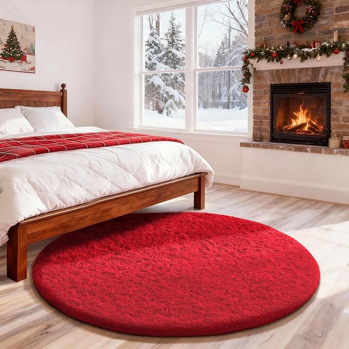 Ophanie Round Rug 4Ft Red Circle Area Rug, Christmas Room Decor, Aesthetic Nursery Bedroom Carpet, Fluffy Fuzzy Plush Soft Shaggy Living Room Rugs for Kids Boys Girls Home, Classroom