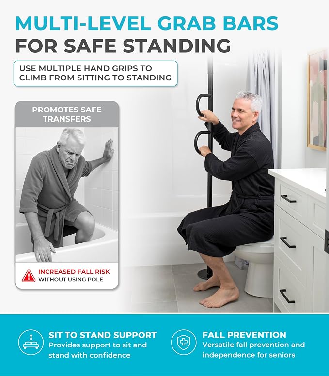 Stander Double Handle Non-Rotating Floor to Ceiling Grab Bar, No-Drill Tension Mounted Transfer Pole for Seniors, Bath Safety & Bedside Assist Rail for Home Standing Support & Fall Prevention, Black