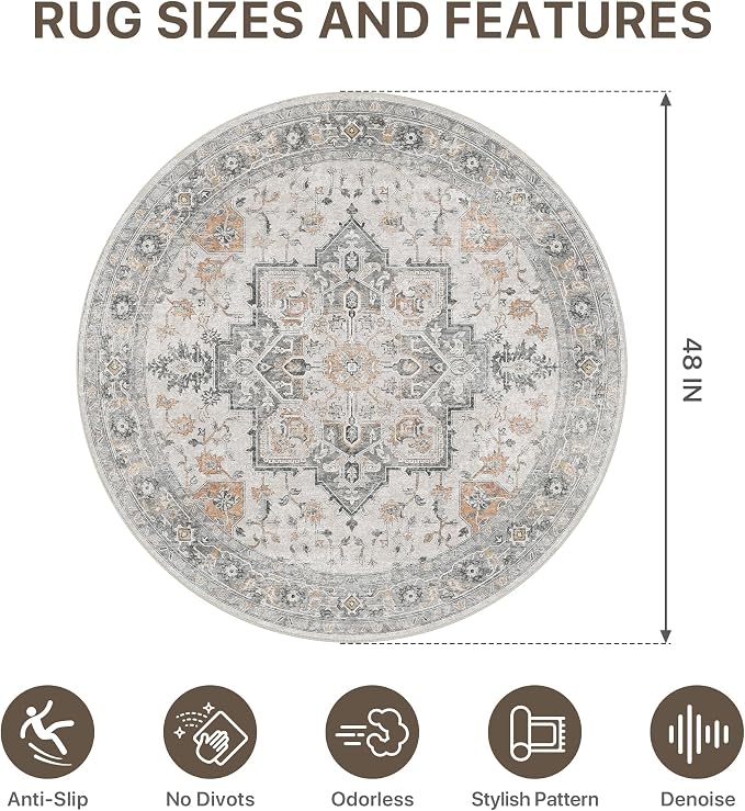 48"x48" Office Chair Mat for Hardwood Tile Floor, Under Desk Carpet Protector for Rolling Computer Chair Mat, Machine Washable Round Area Rug, Anti-Slip 1/5" Thick Low Pile Thin Floor Mat, Taupe