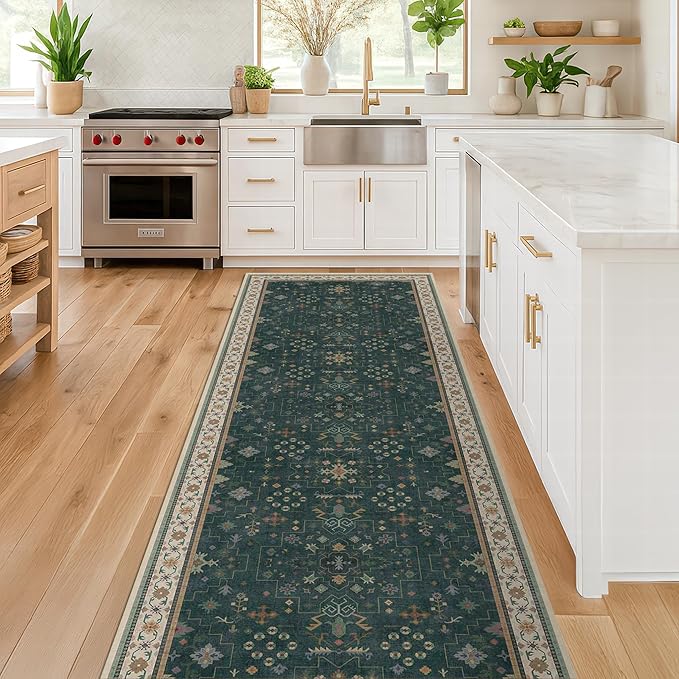 Dark Green 3x8 Wide Hallway Runner Rug - Modern Vintage Boho Floral Moody, Washable Low Pile Non-Slip Area Rugs for Large Entryway, Door Mat Indoor Entrance, Kitchen, Bedroom Beside Bed