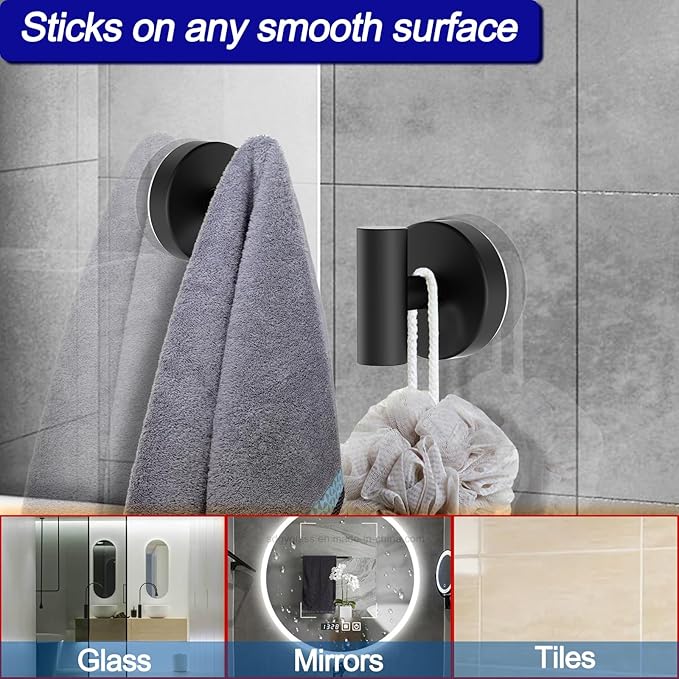 Bntuk Suction Cup Hooks, Removable Shower Hooks for Inside Shower – Towel Hooks for Bathroom Window Glass Mirror Tile, Bath Robe Looafh Hook for Hanging – Waterproof & Rustproof, Black (2 Pack)