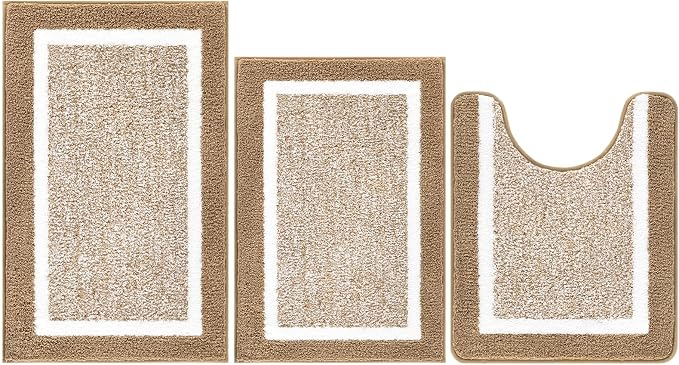 Pauwer Bathroom Rugs Sets 3 Piece Bathroom Shower Rugs with U-Shaped Contour Toilet Mat Absorbent Microfiber Plush Non Slip Bath Mats Machine Washable Shaggy Bath Floor Mats, Khaki