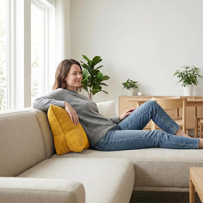 Pat. Pend. Corduroy Reading Back Pillow with Lumbar Support, Triangle Backrest Cushion for Bed Sitting & Relaxing, Support Pillow for Sofa or Headboard, Bright Yellow