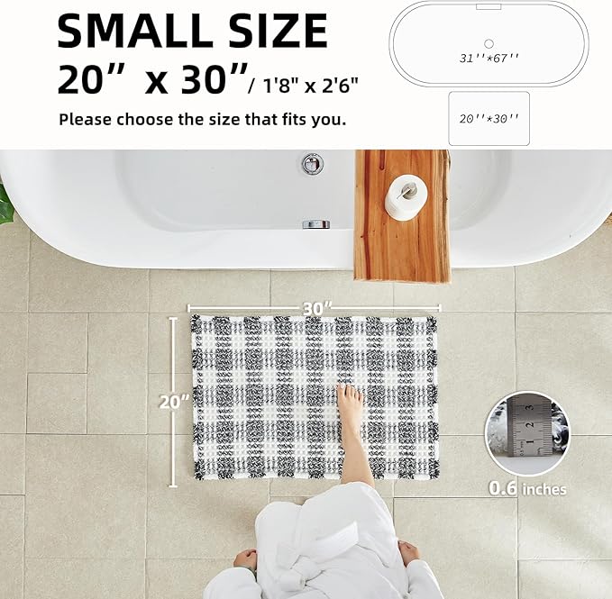 TYUU Waffle Bath Mat, Boho Bathroom Rugs Non Slip Washable Absorbent Checkered Bathroom Mat Quick Dry Farmhouse Bathroom Decor, 30"x20" Black and White