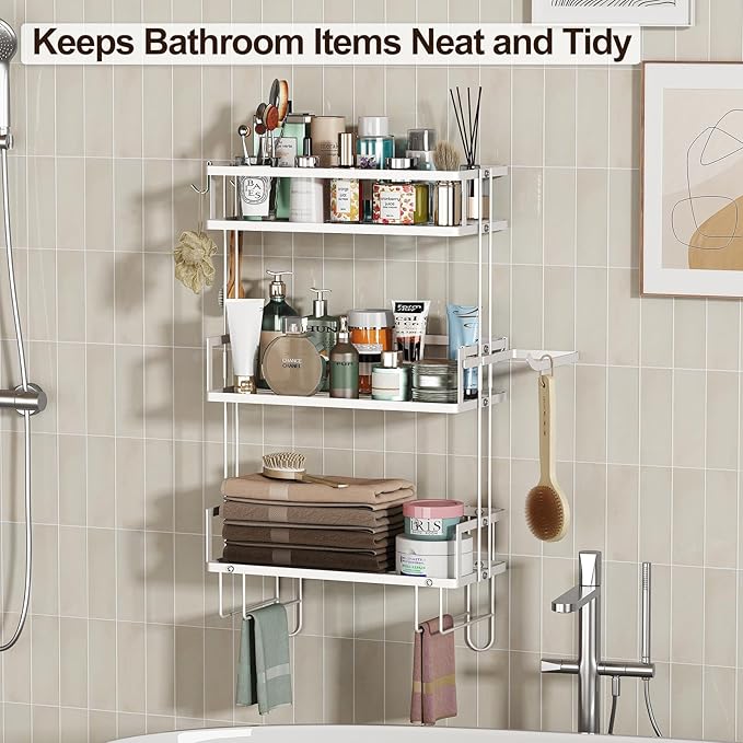 Godboat Bathroom Organizers and Storage, 3-Tier Over The Toilet Storage, Wall Shelf with Paper Holder and 2 Hooks, No Drilling Cool Decor and Home Decor, Gifts for Women, Mom, Mothers Day (White)
