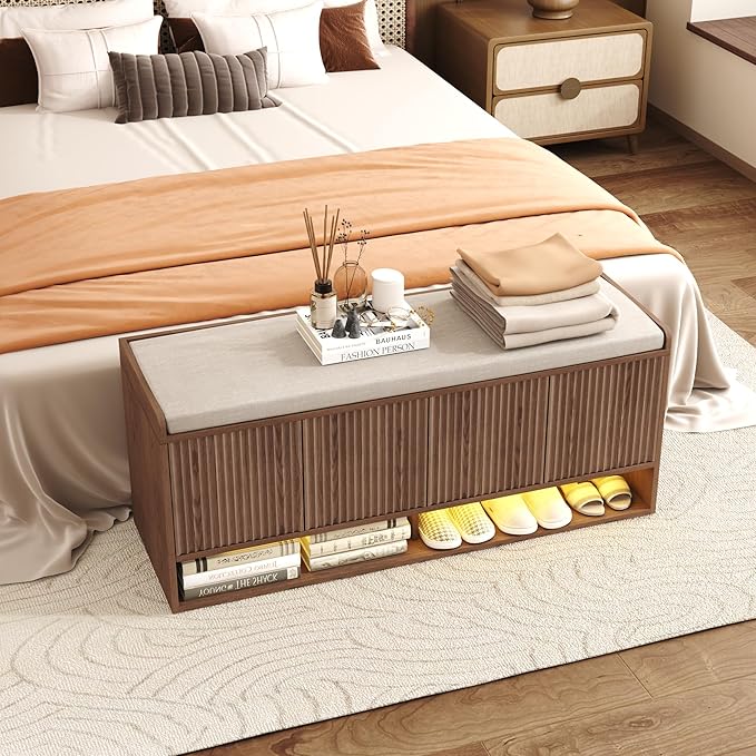 HOMEFORT 47.2" Fluted Shoe Storage Bench, Entryway Bench with Linen Seat Cushion, Shoe Cabinet Bench with Adjustable Shelf and Built-in LED Sensor Light, Bench for Bedroom End of Bed, Walnut