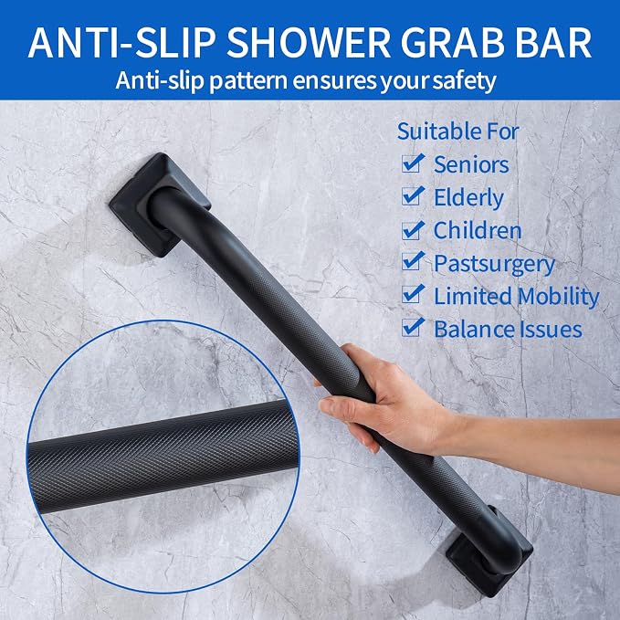 Bathroom SafetyGrab Bars for Elderly Seniors,Anti-Slip Shower Handles Toilet Grab Bars,High Weight Capacity,Wall Mounted Grab Bars for Bathtub Shower,Black Grab Bars (Black Knurled, 18-inch Grab Bar)